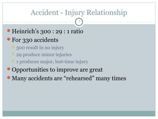 Accident - Injury Relationship
                                  7

Heinrich’s 300 : 29 : 1 ratio
For 330 accidents
    300 result in no injury
    29 produce minor injuries
    1 produces major, lost-time injury
Opportunities to improve are great
Many accidents are “rehearsed” many times
 