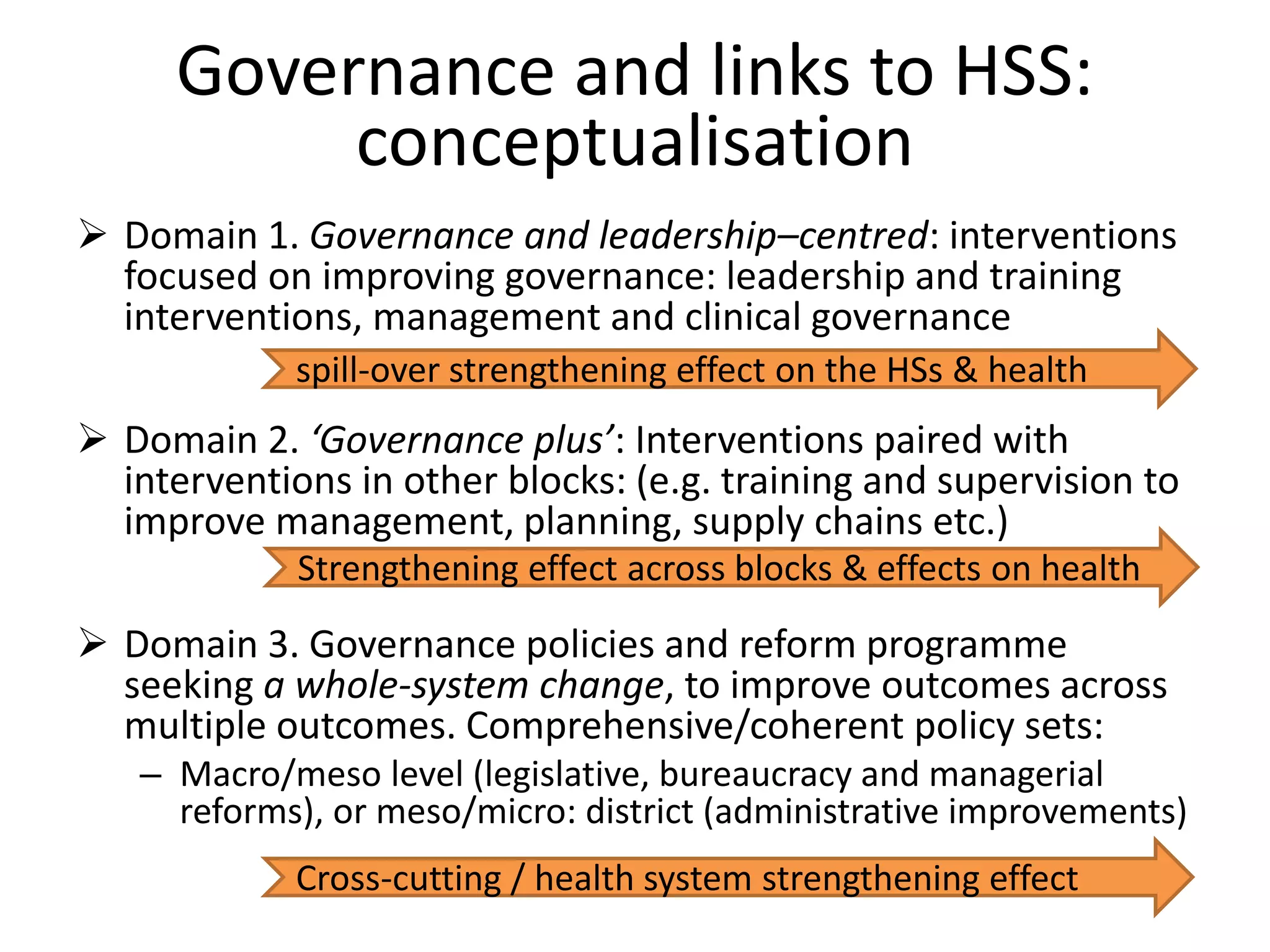 Governance and links to HSS:
conceptualisation
 Domain 1. Governance and leadership–centred: interventions
focused on improving governance: leadership and training
interventions, management and clinical governance
 Domain 2. ‘Governance plus’: Interventions paired with
interventions in other blocks: (e.g. training and supervision to
improve management, planning, supply chains etc.)
 Domain 3. Governance policies and reform programme
seeking a whole-system change, to improve outcomes across
multiple outcomes. Comprehensive/coherent policy sets:
– Macro/meso level (legislative, bureaucracy and managerial
reforms), or meso/micro: district (administrative improvements)
spill-over strengthening effect on the HSs & health
Strengthening effect across blocks & effects on health
Cross-cutting / health system strengthening effect
 