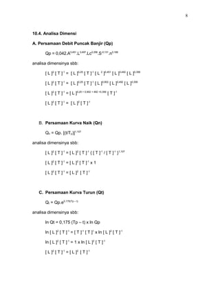 10.4. Analisa Dimensi 
A. Persamaan Debit Puncak Banjir (Qp) 
Qp = 0,042.A0,451.L0,497.Lc0,356.S-0,131.n0,168 
analisa dimensinya sbb: 
[ L ]2 [ T ]-1 = [ L ]0,25 [ T ]-1 [ L 2 ]0,451 [ L ]0,492 [ L ]0,356 
[ L ]2 [ T ]-1 = [ L ]0,25 [ T ]-1 [ L ]0,902 [ L ]0,492 [ L ]0,356 
[ L ]2 [ T ]-1 = [ L ]0,25 + 0,902 + 492 +0,356 [ T ]-1 
[ L ]2 [ T ]-1 = [ L ]2 [ T ]-1 
B. Persamaan Kurva Naik (Qn) 
Qn = Qp. [(t/Tp)]1,107 
analisa dimensinya sbb: 
[ L ]2 [ T ]-1 = [ L ]2 [ T ]-1 { [ T ]-1 / [ T ]-1 }1,107 
[ L ]2 [ T ]-1 = [ L ]2 [ T ]-1 x 1 
[ L ]2 [ T ]-1 = [ L ]2 [ T ]-1 
C. Persamaan Kurva Turun (Qt) 
Qt = Qp.e0,175(Tp – t) 
analisa dimensinya sbb: 
ln Qt = 0,175 (Tp – t) x ln Qp 
ln [ L ]2 [ T ]-1 = [ T ]-1 [ T ]1 x ln [ L ]2 [ T ]-1 
ln [ L ]2 [ T ]-1 = 1 x ln [ L ]2 [ T ]-1 
[ L ]2 [ T ]-1 = [ L ]2 [ T ]-1 
8 
 
