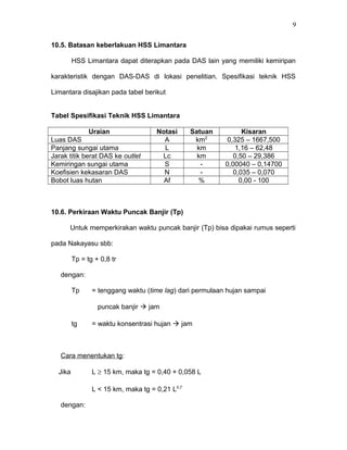 10.5. Batasan keberlakuan HSS Limantara 
HSS Limantara dapat diterapkan pada DAS lain yang memiliki kemiripan 
karakteristik dengan DAS-DAS di lokasi penelitian. Spesifikasi teknik HSS 
Limantara disajikan pada tabel berikut 
Tabel Spesifikasi Teknik HSS Limantara 
Uraian Notasi Satuan Kisaran 
Luas DAS A km2 0,325 – 1667,500 
Panjang sungai utama L km 1,16 – 62,48 
Jarak titik berat DAS ke outlet Lc km 0,50 – 29,386 
Kemiringan sungai utama S - 0,00040 – 0,14700 
Koefisien kekasaran DAS N - 0,035 – 0,070 
Bobot luas hutan Af % 0,00 - 100 
10.6. Perkiraan Waktu Puncak Banjir (Tp) 
Untuk memperkirakan waktu puncak banjir (Tp) bisa dipakai rumus seperti 
pada Nakayasu sbb: 
Tp = tg + 0,8 tr 
dengan: 
Tp = tenggang waktu (time lag) dari permulaan hujan sampai 
puncak banjir  jam 
tg = waktu konsentrasi hujan  jam 
Cara menentukan tg: 
Jika L ³ 15 km, maka tg = 0,40 + 0,058 L 
L < 15 km, maka tg = 0,21 L0,7 
dengan: 
9 
 