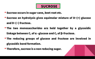 SUCROSE
 Sucrose occurs in sugar cane, beet root etc.
 Sucrose on hydrolysis gives equimolar mixture of D−(+) glucose
and D−(−) fructose.
 The two monosaccharides are held together by a glycosidic
linkage between C1 of α –glucose and C2 of β-fructose.
 The reducing groups of glucose and fructose are involved in
glycosidic bond formation.
 Therefore, sucrose is a non reducing sugar.
 