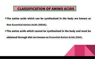 CLASSIFICATION OF AMINO ACIDS
The amino acids which can be synthesized in the body are known as
Non Essential Amino Acids (NEAA).
The amino acids which cannot be synthesized in the body and must be
obtained through diet are known as Essential Amino Acids (EAA).
 