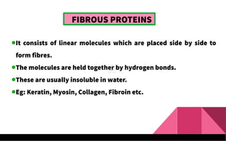FIBROUS PROTEINS
It consists of linear molecules which are placed side by side to
form fibres.
The molecules are held together by hydrogen bonds.
These are usually insoluble in water.
Eg: Keratin, Myosin, Collagen, Fibroin etc.
 