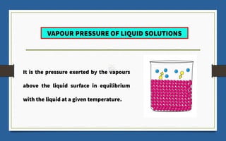 It is the pressure exerted by the vapours
above the liquid surface in equilibrium
with the liquid at a given temperature.
VAPOUR PRESSURE OF LIQUID SOLUTIONS
 