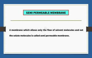 SEMI PERMEABLE MEMBRANE
A membrane which allows only the flow of solvent molecules and not
the solute molecules is called semi permeable membrane.
 