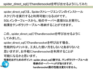 spider_direct_sql()でhandlersocketを呼び出せるようにしてみた

spider_direct_sql()は、Spiderストレージエンジンのインストール
スクリプトを実行すると利用可能になるUDFです。
SQLインターフェースから、他のサーバへ直接SQLを実行し
結果をテンポラリテーブルへ格納することができます。

この、spider_direct_sql()でhandlersocketを呼び出せるように
してみました。
spider_direct_sql()でhandlersocketを呼び出す場合、
性能的なメリットは、工夫した使い方をしないとあまりないと
思いますが、お手軽にhandlersocketを利用することが
可能になるかと思います。
性能を出すためのポイント：spider_direct_sql()側では、テンポラリテーブルへの
             格納のオーバーヘッドがありますが、
             handlersocket側の性能は変わりません。
 