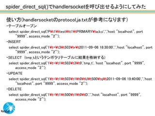 spider_direct_sql()でhandlersocketを呼び出せるようにしてみた

使い方(handlersocketのprotocol.ja.txtが参考になります)
・テーブルオープン
  select spider_direct_sql('P¥t1¥ttest¥tt1¥tPRIMARY¥ta,b,c','','host "localhost", port
      "9999", access_mode "2"');
・INSERT
  select spider_direct_sql('1¥t+¥t3¥t503¥tr¥t2011-09-06 18:30:00','','host "localhost", port
      "9999", access_mode "2"');
・SELECT (tmp_tというテンポラリテーブルに結果を格納する)
  select spider_direct_sql('1¥t=¥t1¥t503¥t3¥t0','tmp_t', 'host "localhost", port "9999",
      access_mode "2"');
・UPDATE
  select spider_direct_sql('1¥t=¥t1¥t503¥t1¥t0¥tU¥t500¥tq¥t2011-09-06 19:40:00','','host
      "localhost", port "9999", access_mode "2"');
・DELETE
  select spider_direct_sql('1¥t=¥t1¥t500¥t1¥t0¥tD','','host "localhost", port "9999",
      access_mode "2"');
 
