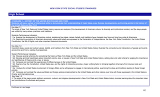 NEW YORK STATE SOCIAL STUDIES STANDARDS


High School

 STANDARD 1 – HISTORY OF THE UNITED STATES AND NEW YORK
 Students will use a variety of intellectual skills to demonstrate their understanding of major ideas, eras, themes, developments, and turning points in the history of
 the United State and New York
 Key Idea 1.1:
 The study of New York State and United States history requires an analysis of the development of American culture, its diversity and multicultural context, and the ways people
 are unified by many values, practices, and traditions.

 Students Performance Indicators:
 1.1a: Analyze the development of American culture, explaining how ideas, values, beliefs, and traditions have changed over time and how they unite all Americans.
 1.1b: Describe the evolution of American democratic values and beliefs as expressed in the Declaration of Independence, the New York State Constitution, the United States
 Constitution, the Bill of Rights, and other important historical documents.

 Key Idea 1.2:
 Important ideas, social and cultural values, beliefs, and traditions from New York State and United States history illustrate the connections and interactions of people and events
 across time and from a variety of perspectives.

 Student Performance Indicators:
 1.2a: Discuss several schemes for periodizing the history of New York State and the United States.
 1.2b: Develop and test hypotheses about important events, eras, or issues in New York State and United States history, setting clear and valid criteria for judging the importance
 and significance of these events, eras, or issues.
 1.2c: Compare and contrast the experiences of different groups in the United States.
 1.2d: Examine how the Constitution, United States law, and the rights of citizenship provide a major unifying factor in bringing together Americans from diverse roots and
 traditions.
 1.2e: Analyze the United States involvement in foreign affairs and a willingness to engage in international politics, examining the ideas and traditions leading to these foreign
 policies.
 1.2f: Compare and contrast the values exhibited and foreign policies implemented by the United States and other nations over time with those expressed in the United Nations
 Charter and international law.
  Key Idea 1.3:
 3. The study of the major social, political, economic, cultural, and religious developments in New York State and United States history involves learning about the important roles
 and contributions of individuals and groups.


 Continued on next page.
                                                                                                                                                                              102
 