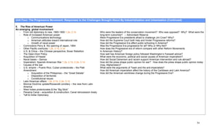 Unit Four: The Progressive Movement: Responses to the Challenges Brought About By Industrialization and Urbanization (Continued)

II. The Rise of American Power
An emerging global involvement
    - From old diplomacy to new, 1865-1900 1.2e, 2.1b                        Who were the leaders of the conservation movement? Who was opposed? Why? What were the
    - Role of increased American power                                       long-term outcomes? -- Adirondack Reserve
          o Communications technology                                        Were Progressive Era presidents afraid to challenge Jim Crow? Why?
          o American attitudes toward international role                     How did the Supreme Court both help and hinder Progressive reforms?
          o Growth of naval power                                            How did the Progressive Era affect public schooling in America?
    - Commodore Perry & the opening of Japan, 1854                           Was the Progressive Era progressive for all? Why or Why Not?
    - Other Pacific overtures 1.2e, 3.1d, 3.1e                               How does the Progressive era of reform compare with other Reform Movements
    - U.S. & China – the Chinese perspective, Boxer Rebellion                In American History?
    - The Open-Door Policy                                                   How well has American foreign policy followed Washington’s Farewell advice?
    - Acquisition of Hawaii                                                  What were the economic, political and social causes of American imperialism?
    - Naval bases – Samoa                                                    How did Social Darwinism and racism support American intervention and rule abroad?
    - Imperialism: Spanish-American War 1.2e, 2.1b, 2.2e, 3.1d               How did the press shape public opinion for war? How does the press shape public opinion today
    - Causes of the war                                                      (Iraq, Afghanistan)?
    - U.S. empire – Puerto Rico; Cuban protectorate – the Platt              What were the arguments of Twain and the anti-imperialists?
      Amendment                                                              How did American imperialism affect the history of the Caribbean and Latin America?
          o Acquisition of the Philippines – the “Great Debate”              How did the American worldview change during the Progressive Era?
          o Disposition of territories
          o Constitutional issues
    - Latin American affairs 1.2e, 2.1b, 2.2e, 3.1d
    - Monroe Doctrine update/Roosevelt corollary – the view from Latin
      America
    - West Indies protectorates & the “Big Stick”
    - Panama Canal – acquisition & construction; Canal retrocession treaty
    - Taft & Dollar Diplomacy




                                                                                                                                                                   54
 