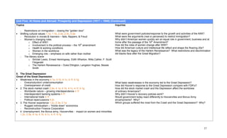 Unit Five: At Home and Abroad: Prosperity and Depression (1917 – 1940) (Continued)
Topics                                                                                  Inquiries

    - Restrictions on immigration – closing the “golden door”
•   Shifting cultural values 1.1a, 1.1b, 2.3a, 2.3c, 5.2a                               What were government policies/response to the growth and activities of the KKK?
    - Revolution in morals & manners – fads, flappers, & Freud                          What were the arguments (real or perceived) to restrict immigration?
    - Women’s changing roles                                                            Why didn’t American women quickly win an equal role in government, business and at
            o Effect of WW1                                                             home after the passage of the 19th Amendment?
            o Involvement in the political process – the 19th amendment                 How did the roles of women change after WWI?
            o Health & working conditions                                               How did American culture and intellectual life reflect and shape the Roaring 20s?
            o Women in the workforce                                                    What was the legacy of the Harlem Renaissance? What restrictions and discrimination
            o Emerging role – emphasis on wife rather than mother                       did blacks face after the Great Migration?
    - The literary scene
            o Sinclair Lewis, Ernest Hemingway, Edith Wharton, Willa Cather, F. Scott
                Fitzgerald
            o The Harlem Renaissance – Duke Ellington, Langston Hughes, Bessie
                Smith

II. The Great Depression
Onset of the Great Depression
• Weakness in the economy 4.1a, 4.1b, 4.1c, 4.1f, 4.1g
    - Overproduction/ underconsumption                                                  What basic weaknesses in the economy led to the Great Depression?
    - Overexpansion of credit                                                           How did Hoover’s response to the Great Depression compare with FDR’s?
• 2. The stock market crash 2.2e, 4.1a, 4.1b, 4.1c, 4.1f, 4.1g                          How did the stock market crash and the Depression affect the worldview
    - Worldwide nature – growing interdependence 4.1f                                   of ordinary Americans?
    - Interdependent banking systems 4.1f                                               Why didn’t Hoover’s recovery policies work?
    - International trade 4.1f                                                          Would government today react differently to Hoovervilles and Bonus Army
    - Political repercussions 4.2c                                                      encampments? Why?
• 3. The Hoover experience 1.2c, 2.3a, 5.1a                                             Which groups suffered the most from the Crash and the Great Depression? Why?
    - Rugged individualism – “trickle down” economics
    - Reconstruction Finance Corporation
• 4. Unemployment, the Bonus army, Hoovervilles - impact on women and minorities
    1.2c, 2.3a, 4.1a, 4.1b, 4.1c, 4.1f, 4.1g




                                                                                                                                                                     57
 