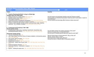 Unit Seven: World In Uncertain Times: 1950 - Present
February                                                                                                                        June
Topics                                                                                     Inquiries

I. Toward a Postindustrial World: Living in a Global Age
Changes within the United Sates
• Energy sources (e.g. nuclear power) 2.2e, 4.1b, 4.1c                                     How did science and technology transform post-war American society?
• Materials (plastics, light metals) 2.2e, 4.1b, 4.1c                                      Did the growth of multinational corporations make the world of work better or worse for
• Technology (computers) 2.2e, 4.1b, 4.1c                                                  most Americans?
• Corporate structures (multinational corporations) 4.1b, 4.1d, 4.1e, 4.1f, 4.1g           How did science and technology affect America’s natural resources?
• Nature of employment (agriculture to industry to service) 4.1a, 4.1b, 4.1d, 4.1e, 4.1g
• Problems (waste disposal, air/water pollution, growing energy usage, depleting
   resources – e.g., domestic oil supply) 3.1b, 3.1e, 4.1d, 4.1e, 4.1f, 4.1g


II. Containment and Consensus: 1945 -1960
Review postwar events
• Emerging power relationships: East/West; North/South; (haves/have nots;
    developed/developing nations) 1.2e, 1.2f, 2.3b, 3.1a, 3.1d, 3.1e, 4.1f, 5.1a           How did WWII transform the political geography of the world?
                                                                                           Did the US foreign policy of containment work?
Eisenhower foreign policies                                                                Did the threat of mutually-assured destruction keep the world safe?
• The end of the Korean War 1.2f
                                                                                           Was the Soviet threat to America genuine? Why or Why not?
• John Foster Dulles, the domino theory & massive retaliation; brinkmanship posture
                                                                                           Was the “domino theory” correct?
   1.2e, 1.2f, 2.3a, 2.3b
                                                                                           Was Eisenhower’s foreign policy effective?
• The H-bomb; atoms for peace 1.2e, 1.2f, 2.2e                                             How did the launch of Sputnik affect US education policies?
• Summits & U-2s 1.2e, 1.2f, 2.2e
• Establishment of SEATO 1.2e, 1.2f, 2.3a, 2.3b
• Controversy – Aswan Dam & Suez Canal 1.2e, 1.2f, 2.3a, 2.3b, 3.1a, 3.1b, 3.1d,
   3.1e
• Polish & Hungarian Uprisings 2.2e, 2.3b
• Eisenhower Doctrine – intervention in Lebanon 1.2e, 1.2f, 2.3a, 2.3b, 3.1a, 3.1b,
   3.1d, 3.1e
• Sputnik – initiating the space race 1.2e, 1.2f, 2.3a, 2.3b, 3.1a, 3.1b, 3.1d, 3.1e



                                                                                                                                                                            64
 