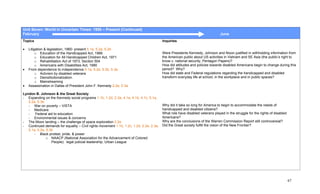 Unit Seven: World In Uncertain Times: 1950 – Present (Continued)
February                                                                                                                       June
Topics                                                                                   Inquiries

•   Litigation & legislation, 1960- present 5.1a, 5.2a, 5.2b
         o Education of the Handicapped Act, 1966                                        Were Presidents Kennedy, Johnson and Nixon justified in withholding information from
         o Education for All Handicapped Children Act, 1971                              the American public about US activities in Vietnam and SE Asia (the public’s right to
         o Rehabilitation Act of 1973, Section 504                                       know v. national security, Pentagon Papers)?
         o Americans with Disabilities Act, 1990                                         How did attitudes and policies towards disabled Americans begin to change during this
•   From dependence to independence 5.1a, 5.2a, 5.2b, 5.3a                               period? Why?
         o Activism by disabled veterans                                                 How did state and Federal regulations regarding the handicapped and disabled
         o Deinstitutionalization                                                        transform everyday life at school, in the workplace and in public spaces?
         o Mainstreaming
•   Assassination in Dallas of President John F. Kennedy 2.2e, 2.3a

Lyndon B. Johnson & the Great Society
- Expanding on the Kennedy social programs 1.1b, 1.2d, 2.3a, 4.1a, 4.1b, 4.1c, 5.1a,
   5.2a, 5.3b
   - War on poverty – VISTA                                                              Why did it take so long for America to begin to accommodate the needs of
   - Medicare                                                                            handicapped and disabled citizens?
   -   Federal aid to education                                                          What role have disabled veterans played in the struggle for the rights of disabled
   - Environmental issues & concerns                                                     Americans?
- The Moon landing – the challenge of space exploration 2.2e                             Why are the conclusions of the Warren Commission Report still controversial?
- Continued demands for equality – Civil rights movement 1.1b, 1.2c, 1.2d, 2.2e, 2.3a,   Did the Great society fulfill the vision of the New Frontier?
   5.1a, 5.2a, 5.3b
      - Black protest, pride, & power
               o NAACP (National Association for the Advancement of Colored
                  People): legal judicial leadership, Urban League




                                                                                                                                                                              67
 