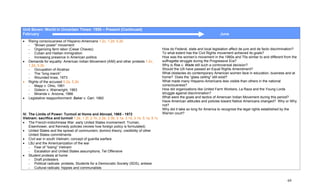 Unit Seven: World In Uncertain Times: 1950 – Present (Continued)
February                                                                                                                         June
•   Rising consciousness of Hispanic-Americans 1.2c, 1.2d, 5.2b
    - “Brown power” movement
    - Organizing farm labor (Cesar Chavez)                                                  How do Federal, state and local legislation affect de jure and de facto discrimination?
    - Cuban and Haitian immigration                                                         To what extent has the Civil Rights movement achieved its goals?
    - Increasing presence in American politics                                              How was the women’s movement in the 1960s and 70s similar to and different from the
•   Demands for equality: American Indian Movement (AIM) and other protests 1.2c,           suffragette struggle during the Progressive Era?
    1.2d, 5.2b                                                                              Why is Roe v. Wade still such a controversial decision?
    - Occupation of Alcatraz                                                                Should the US have passed an Equal Rights Amendment?
    - The “long march”                                                                      What obstacles do contemporary American women face in education, business and at
    - Wounded knee, 1973                                                                    home? Does the “glass ceiling” still exist?
•   Rights of the accused 5.2a, 5.2b                                                        What made many Hispanic-Americans less visible than others in the national
    - Mapp v. Ohio, 1961                                                                    consciousness?
    - Gideon v. Wainwright, 1963                                                            How did organizations like United Farm Workers, La Raza and the Young Lords
    - Miranda v. Arizona, 1966                                                              struggle against discrimination?
•   Legislative reapportionment: Baker v. Carr, 1962                                        What were the goals and tactics of American Indian Movement during this period?
                                                                                            Have American attitudes and policies toward Native Americans changed? Why or Why
                                                                                            not?
                                                                                            Why did it take so long for America to recognize the legal rights established by the
IV. The Limits of Power: Turmoil at Home and Abroad, 1965 - 1972                            Warren court?
Vietnam: sacrifice and turmoil 1.2e, 1.2f, 2.1b, 2.2e, 2.3b, 3.1a, 3.1d, 3.1e, 5.1a, 5.1c
• The French-Indochinese War: early United States involvement: Truman,
    Eisenhower, and Kennedy policies (review how foreign policy is formulated)
• United States and the spread of communism; domino theory; credibility of other
    United States commitments
• Civil war in south Vietnam; concept of guerilla warfare
• LBJ and the Americanization of the war
    - Fear of “losing” Vietnam
    - Escalation and United States assumptions; Tet Offensive
• Student protests at home
    - Draft protesters
    - Political radicals: protests, Students for a Democratic Society (SDS), antiwar
    - Cultural radicals: hippies and communalists


                                                                                                                                                                             69
 