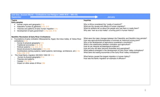 Unit One: Ancient World – Civilizations and Religion (4000 BCE – 500 CE)
September                                                                                                                 January
Topics                                                                                      Inquiries
Early peoples
   • Human origins and geography 3.1c                                                       Why is Africa considered the “cradle of mankind?”
   • Paleolithic hunters & gatherers 3.1b, 3.1f                                             What are the causes and effects of human migration?
   • Theories and patterns of early human migration 3.1c                                    What do artifacts tell us about the people who use them or made them?
   • Development of early government 2.1a, 2.2c, 5.1d                                       Why was “man as a tool maker” a turning point in human history?


Neolithic Revolution & Early River Civilizations
• Foundations of early civilization (Mesopotamia, Egypt, the Indus Valley, & Yellow River   What were the major changes between the Paleolithic and Neolithic time periods?
   civilizations) 2.1a                                                                      How was agriculture/domestication of animals an historical turning point?
   - Human & physical geography 3.1c                                                        Why is the development of agriculture considered a revolution?
   - Traditional economies 4.1b, 4.2b                                                       What is the relationship between civilization and agriculture?
   - Political systems 2.1a, 2.2c, 5.1d                                                     How do we interpret archaeological evidence?
   - Social structures & urbanization 2.1d, 2.3b                                            How and why did labor become diversified and specialized?
   - Contributions (writing systems; belief systems; technology; architecture, art) 2.1d,   What patterns emerged in the development of Early River Valley civilizations?
        2.3a, 2.3b, 3.1d                                                                    What were the trading economies of the Early River Valley civilizations?
• The Great Bantu migration 500 BCE-1500 CE 3.1c
   -     Human & physical geography 3.1c                                                    What factors caused the largest migration in human history?
   - Theories and patterns                                                                  How was the Bantu migration an example of diffusion?
   - Causes 3.1c, 4.1b
   - Impact on other areas of Africa 2.3b




                                                                                                                                                                        2
 