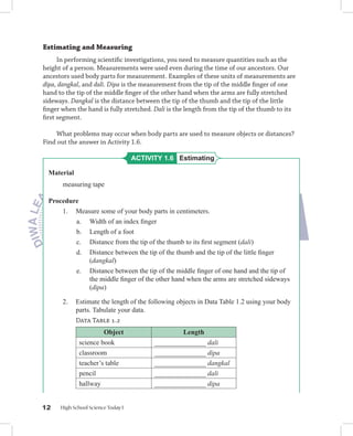 Estimating and Measuring
     In performing scientiﬁc investigations, you need to measure quantities such as the
height of a person. Measurements were used even during the time of our ancestors. Our
ancestors used body parts for measurement. Examples of these units of measurements are
dipa, dangkal, and dali. Dipa is the measurement from the tip of the middle ﬁnger of one
hand to the tip of the middle ﬁnger of the other hand when the arms are fully stretched
sideways. Dangkal is the distance between the tip of the thumb and the tip of the little
ﬁnger when the hand is fully stretched. Dali is the length from the tip of the thumb to its
ﬁrst segment.

     What problems may occur when body parts are used to measure objects or distances?
Find out the answer in Activity 1.6.

                                    ACTIVITY 1.6 Estimating

  Material
       measuring tape

  Procedure
      1. Measure some of your body parts in centimeters.
          a. Width of an index ﬁnger
          b. Length of a foot
          c. Distance from the tip of the thumb to its ﬁrst segment (dali)
          d. Distance between the tip of the thumb and the tip of the little ﬁnger
             (dangkal)
          e. Distance between the tip of the middle ﬁnger of one hand and the tip of
             the middle ﬁnger of the other hand when the arms are stretched sideways
             (dipa)

       2.    Estimate the length of the following objects in Data Table 1.2 using your body
             parts. Tabulate your data.
             DATA TABLE 1.2
                        Object                      Length
              science book                _______________ dali
              classroom                   _______________ dipa
              teacher’s table             _______________ dangkal
              pencil                      _______________ dali
              hallway                     _______________ dipa


12    High School Science Today I
 