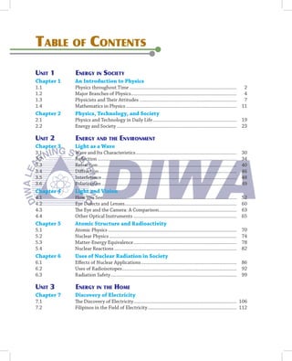 Table oF conTenTS

uniT 1      energy in SocieTy
Chapter 1   An Introduction to Physics
1.1         Physics throughout Time .................................................................................... 2
1.2         Major Branches of Physics................................................................................... 4
1.3         Physicists and Their Attitudes ............................................................................ 7
1.4         Mathematics in Physics ....................................................................................... 11
Chapter 2   Physics, Technology, and Society
2.1         Physics and Technology in Daily Life .................................................................. 19
2.2         Energy and Society .............................................................................................. 23

uniT 2      energy and THe environmenT
Chapter 3   Light as a Wave
3.1         Wave and Its Characteristics ...............................................................................               30
3.2         Reflection .............................................................................................................   34
3.3         Refraction .............................................................................................................   40
3.4         Diffraction ............................................................................................................   46
3.5         Interference ..........................................................................................................    48
3.6         Polarization ..........................................................................................................    49
Chapter 4   Light and Vision
4.1         How You See .........................................................................................................      52
4.2         Eye Defects and Lenses........................................................................................             60
4.3         The Eye and the Camera: A Comparison .............................................................                         63
4.4         Other Optical Instruments .................................................................................                65
Chapter 5   Atomic Structure and Radioactivity
5.1         Atomic Physics .....................................................................................................       70
5.2         Nuclear Physics ....................................................................................................       74
5.3         Matter-Energy Equivalence .................................................................................                78
5.4         Nuclear Reactions ................................................................................................         82
Chapter 6   Uses of Nuclear Radiation in Society
6.1         Effects of Nuclear Applications ........................................................................... 86
6.2         Uses of Radioisotopes .......................................................................................... 92
6.3         Radiation Safety ................................................................................................... 99

uniT 3      energy in THe Home
Chapter 7   Discovery of Electricity
7.1         The Discovery of Electricity ................................................................................. 106
7.2         Filipinos in the Field of Electricity ...................................................................... 112
 