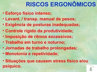 RISCOS ERGONÔMICOS
• Esforço físico intenso;
• Levant. / transp. manual de pesos;
• Exigência de posturas inadequadas;
• Controle rígido da produtividade;
• Imposição de ritmos excessivos;
• Trabalho em turno e noturno;
• Jornadas de trabalho prolongadas;
• Monotonia e repetividade;
• Situações que causem stress físico e/ou
psíquico.
 