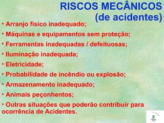 RISCOS MECÂNICOS
(de acidentes)
• Arranjo físico inadequado;
• Máquinas e equipamentos sem proteção;
• Ferramentas inadequadas / defeituosas;
• Iluminação inadequada;
• Eletricidade;
• Probabilidade de incêndio ou explosão;
• Armazenamento inadequado;
• Animais peçonhentos;
• Outras situações que poderão contribuir para
ocorrência de Acidentes.
 