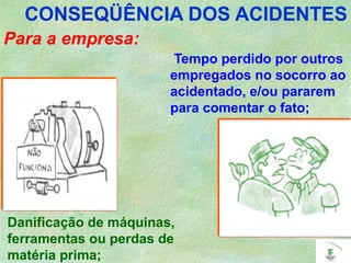 CONSEQÜÊNCIA DOS ACIDENTES
Para a empresa:
Danificação de máquinas,
ferramentas ou perdas de
matéria prima;
Tempo perdido por outros
empregados no socorro ao
acidentado, e/ou pararem
para comentar o fato;
 