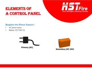 Elements of
a Control Panel
Requires two Power Sources :
• AC power source.
• Battery 12V/7AH (2)
Primary (AC)
Secondary (DC 24V)
 