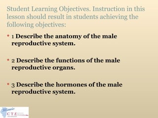 Student Learning Objectives. Instruction in this
lesson should result in students achieving the
following objectives:
 1 Describe the anatomy of the male
reproductive system.
 2 Describe the functions of the male
reproductive organs.
 3 Describe the hormones of the male
reproductive system.
 