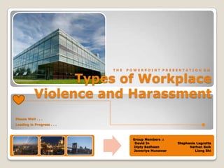 THE   POWERPOINT PRESENTATION ON


                 Types of Workplace
           Violence and Harassment
Please Wait . . .
Loading in Progress . . .



                                    Group Members ::
                                     David In          Stephanie Lagrotta
                                    Dipty Badhaan            Nathan Baik
                                    Jaweriya Munawar            Liang Shi
 