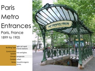 Paris
Metro
Entrances
Paris, France
1899 to 1905

                   light rail rapid
   Building Type
                   transit stations
   Construction
                iron and glass
        System
        Climate temperate
        Context urban
          Notes Graceful organic
                forms.
 
