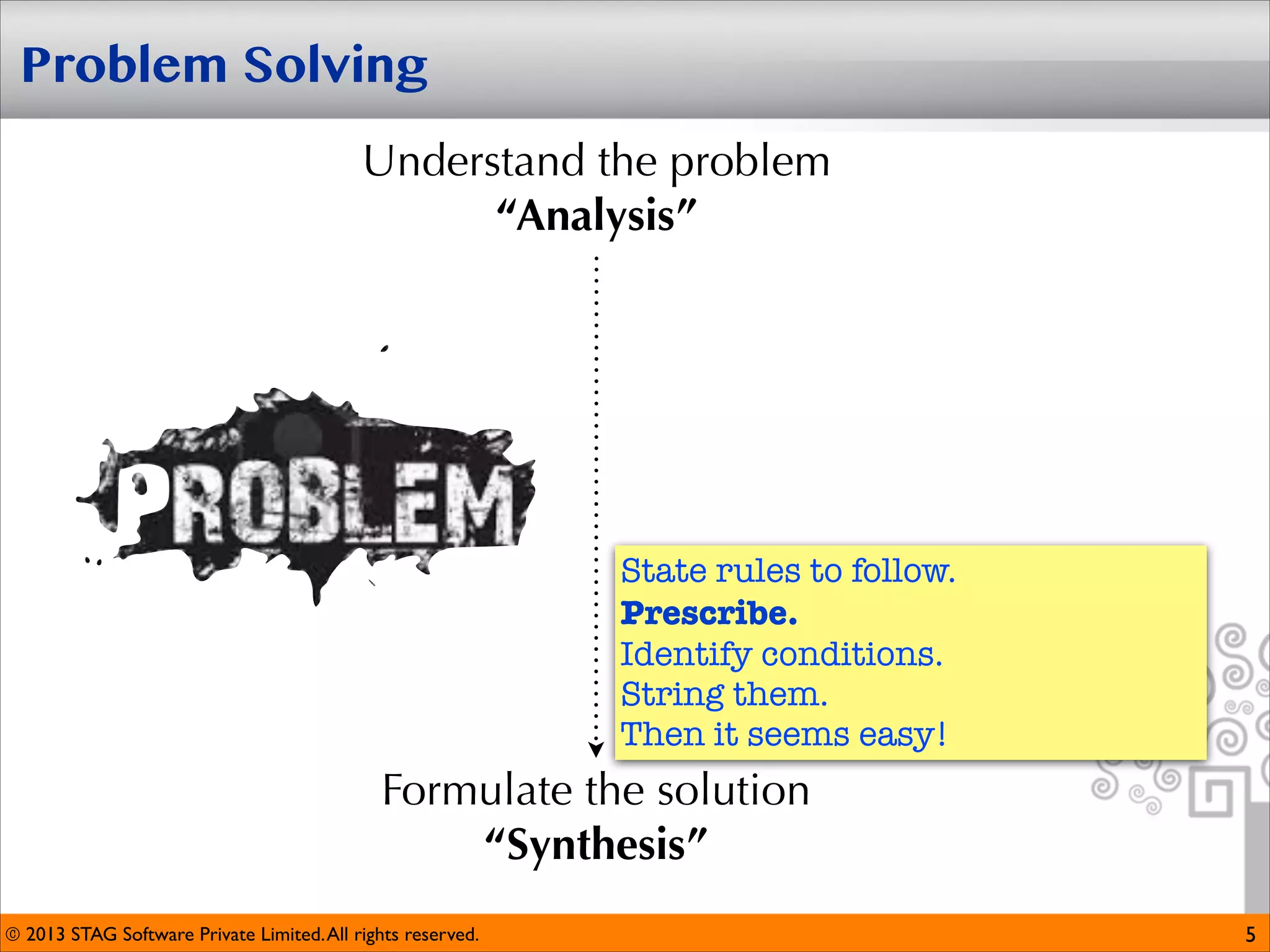 Problem Solving
Understand the problem
“Analysis”

State rules to follow.
Prescribe. 
Identify conditions.
String them.
Then it seems easy!

Formulate the solution
“Synthesis”
© 2013 STAG Software Private Limited. All rights reserved.

5

 