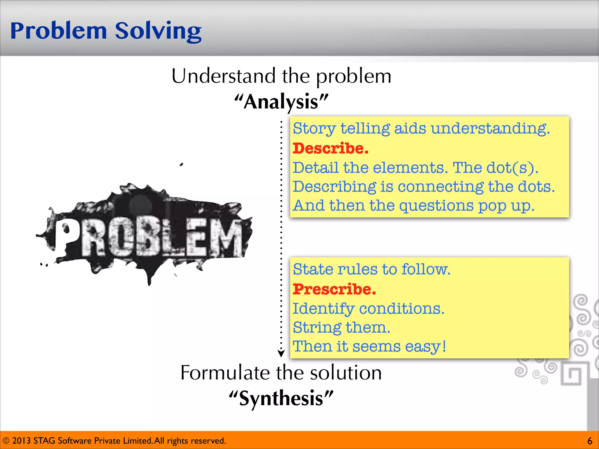 Problem Solving
Understand the problem
“Analysis”
Story telling aids understanding.
Describe. 
Detail the elements. The dot(s).
Describing is connecting the dots.
And then the questions pop up.

State rules to follow.
Prescribe. 
Identify conditions.
String them.
Then it seems easy!

Formulate the solution
“Synthesis”
© 2013 STAG Software Private Limited. All rights reserved.

6

 