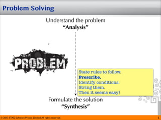 Problem Solving
Understand the problem
“Analysis”

State rules to follow.
Prescribe. 
Identify conditions.
String them.
Then it seems easy!

Formulate the solution
“Synthesis”
© 2013 STAG Software Private Limited. All rights reserved.

5

 