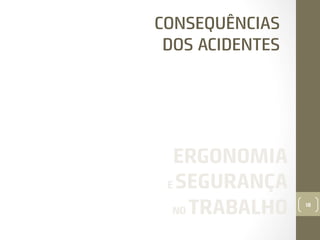CONSEQUÊNCIAS
DOS ACIDENTES

ERGONOMIA
E SEGURANÇA
NO TRABALHO

18

 