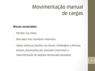 Movimentação manual
de cargas
• 

Riscos associados
• 

Feridas nas mãos

• 

Pancadas nos membros inferiores

• 

Sobre-esforços (lesões na coluna, lombalgias e hérnias
discais, provocadas por posições incorretas e
movimentação de objetos demasiado pesados)
55

 