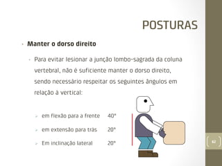 POSTURAS
• 

Manter o dorso direito
• 

Para evitar lesionar a junção lombo-sagrada da coluna
vertebral, não é suﬁciente manter o dorso direito,
sendo necessário respeitar os seguintes ângulos em
relação à vertical:

Ø 

em ﬂexão para a frente

40°

Ø 

em extensão para trás

20°

Ø 

Em inclinação lateral

20°

62

 