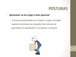 POSTURAS
• 

Aproximar-se da carga o mais possível
• 

A máxima proximidade em relação à carga é atingida
quando coincidirem as projeções dos centros de
gravidade do trabalhador e do objecto a levantar

69

 