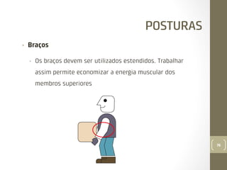POSTURAS
• 

Braços
• 

Os braços devem ser utilizados estendidos. Trabalhar
assim permite economizar a energia muscular dos
membros superiores

76

 