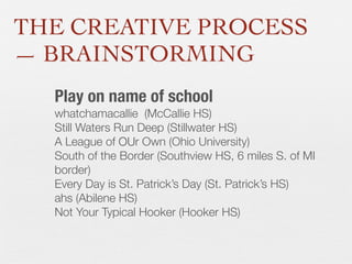 THE CREATIVE PROCESS
— BRAINSTORMING
Play on name of school
whatchamacallie (McCallie HS)
Still Waters Run Deep (Stillwater HS)
A League of OUr Own (Ohio University)
South of the Border (Southview HS, 6 miles S. of MI
border)
Every Day is St. Patrick’s Day (St. Patrick’s HS)
ahs (Abilene HS)
Not Your Typical Hooker (Hooker HS)

 