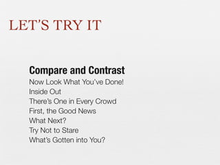 LET’S TRY IT
Compare and Contrast
Now Look What You’ve Done!
Inside Out
There’s One in Every Crowd
First, the Good News
What Next?
Try Not to Stare
What’s Gotten into You?

 