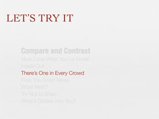LET’S TRY IT
Compare and Contrast
Now Look What You’ve Done!
Inside Out
There’s One in Every Crowd
First, the Good News
What Next?
Try Not to Stare
What’s Gotten into You?

 
