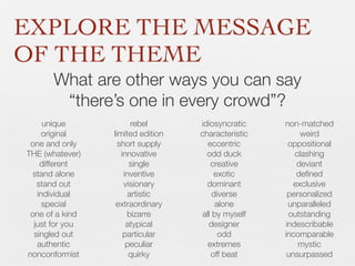 EXPLORE THE MESSAGE
OF THE THEME
What are other ways you can say
“there’s one in every crowd”?
unique
original
one and only
THE (whatever)
different
stand alone
stand out
individual
special
one of a kind
just for you
singled out
authentic
nonconformist

rebel
limited edition
short supply
innovative
single
inventive
visionary
artistic
extraordinary
bizarre
atypical
particular
peculiar
quirky

idiosyncratic
characteristic
eccentric
odd duck
creative
exotic
dominant
diverse
alone
all by myself
designer
odd
extremes
off beat

non-matched
weird
oppositional
clashing
deviant
deﬁned
exclusive
personalized
unparalleled
outstanding
indescribable
incomparable
mystic
unsurpassed

 