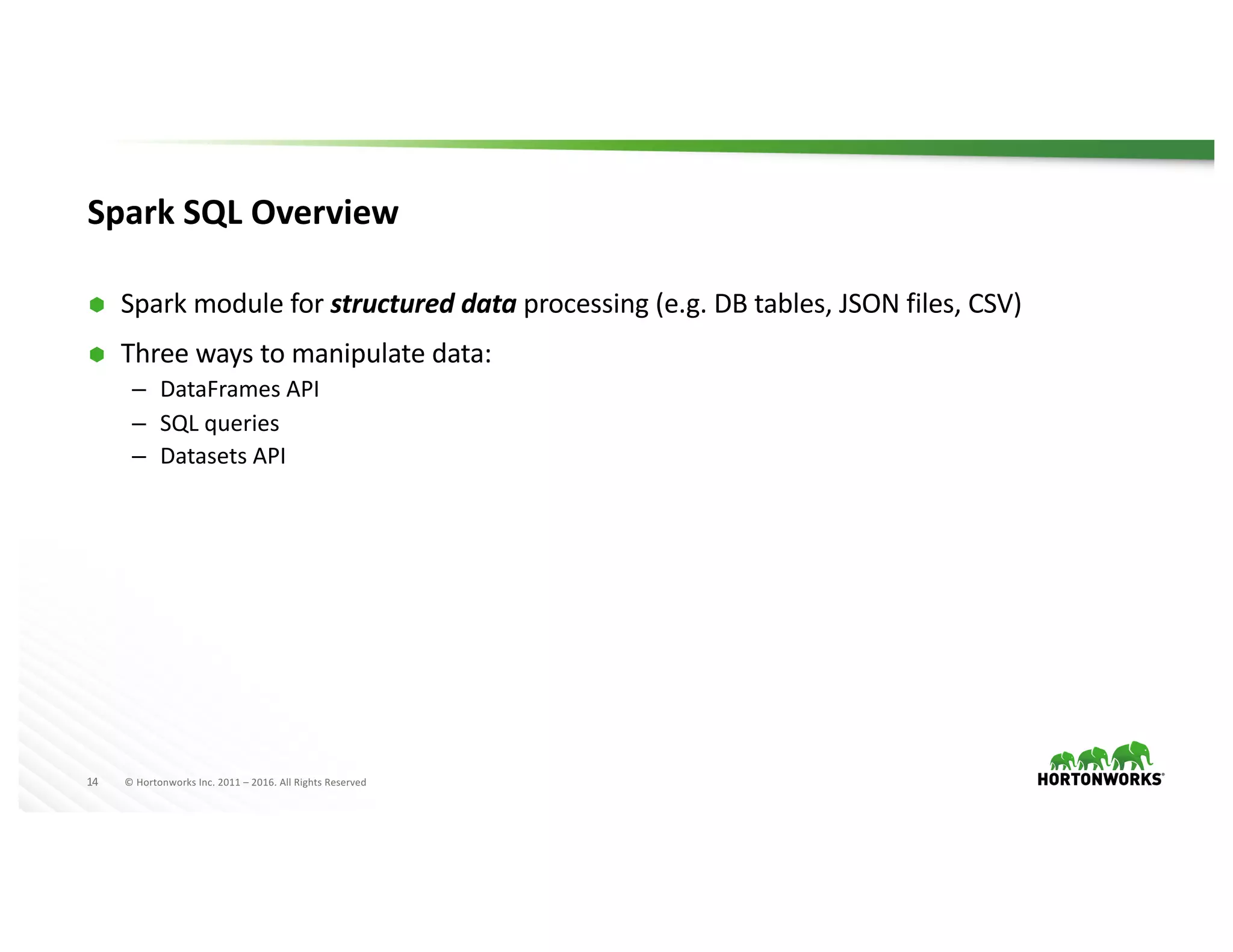 14 ©	Hortonworks	Inc.	2011	– 2016.	All	Rights	Reserved
Spark	SQL	Overview
Ã Spark	module	for	structured	data	processing	(e.g.	DB	tables,	JSON	files,	CSV)
Ã Three	ways	to	manipulate	data:
– DataFrames API
– SQL	queries
– Datasets	API	
 