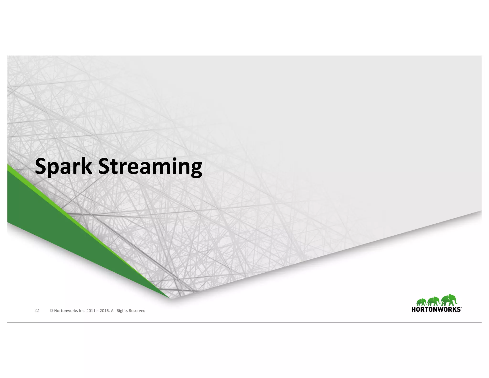 22 ©	Hortonworks	Inc.	2011	– 2016.	All	Rights	Reserved
Spark	Streaming
 