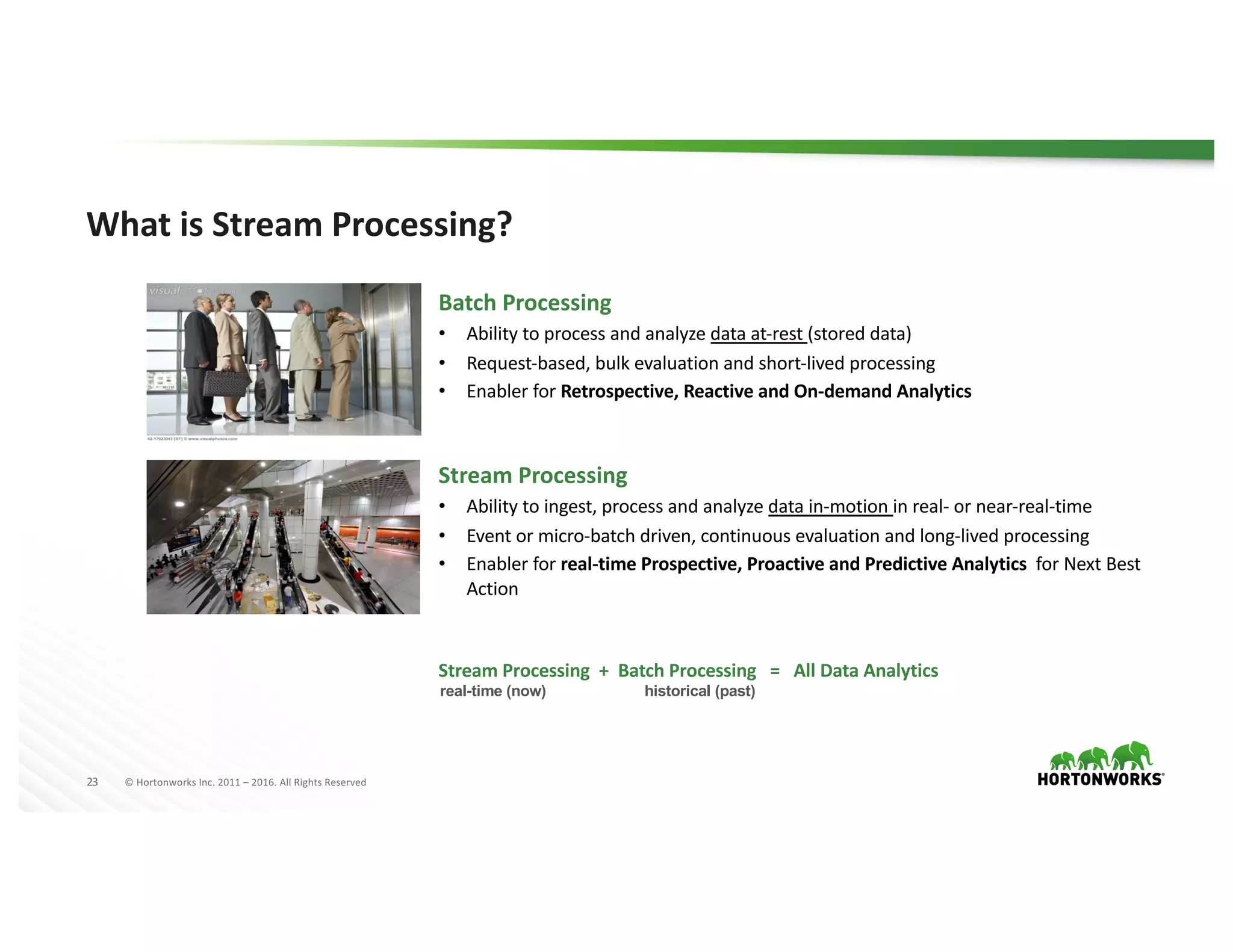 23 ©	Hortonworks	Inc.	2011	– 2016.	All	Rights	Reserved
What	is	Stream	Processing?
Batch	Processing
• Ability	to	process	and	analyze	data	at-rest	(stored	data)
• Request-based,	bulk	evaluation	and	short-lived	processing
• Enabler	for	Retrospective,	Reactive	and	On-demand	Analytics
Stream	Processing
• Ability	to	ingest,	process	and	analyze	data	in-motion	in	real- or	near-real-time
• Event	or	micro-batch	driven,	continuous	evaluation	and	long-lived	processing
• Enabler	for	real-time	Prospective,	Proactive	and	Predictive	Analytics	 for	Next	Best	
Action
Stream	Processing	 +		Batch	Processing	 =			All	Data	Analytics
real-time (now) historical (past)
 