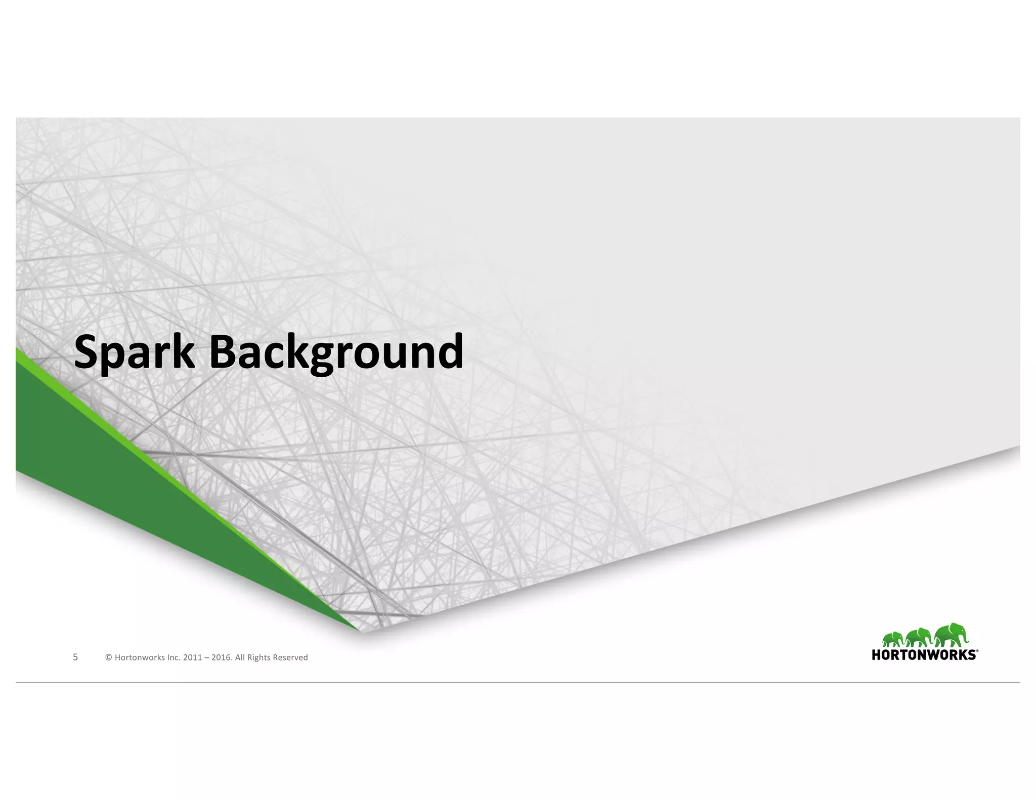 5 ©	Hortonworks	Inc.	2011	– 2016.	All	Rights	Reserved
Spark	Background
 