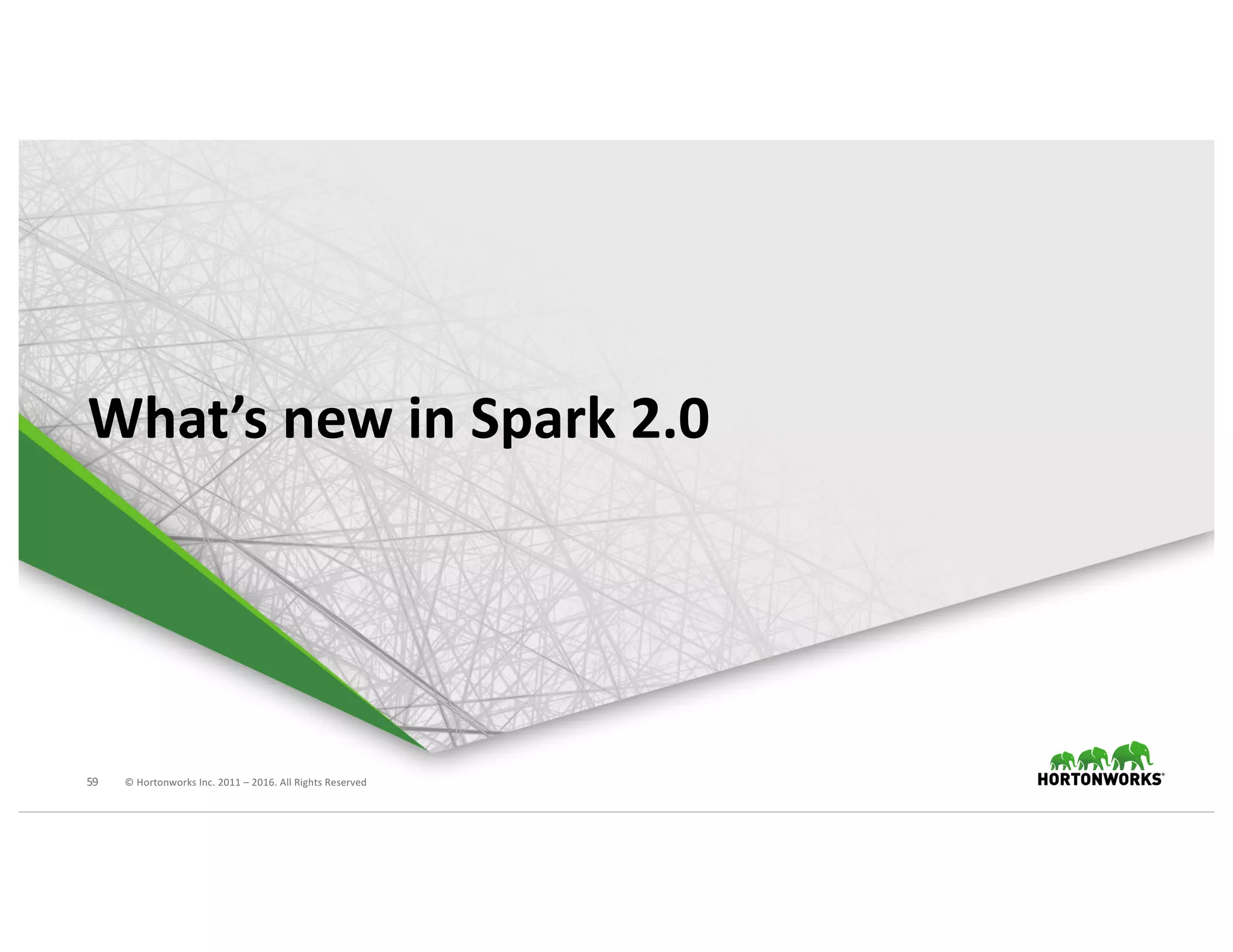 59 ©	Hortonworks	Inc.	2011	– 2016.	All	Rights	Reserved
What’s	new	in	Spark	2.0
 