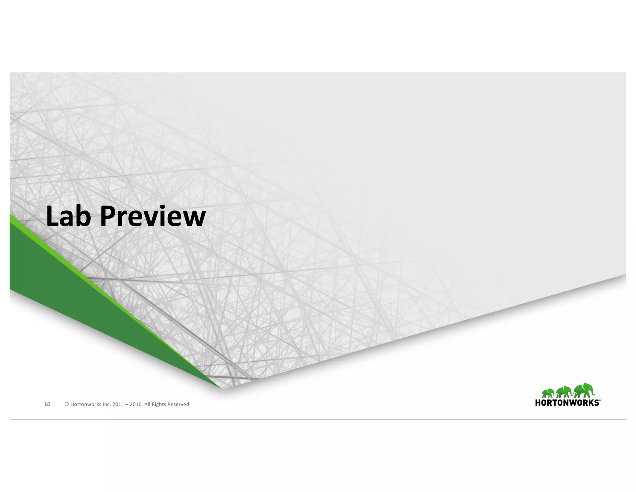 62 ©	Hortonworks	Inc.	2011	– 2016.	All	Rights	Reserved
Lab	Preview
 