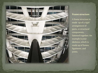 Frame structure

A frame structure is
made up of a rigid
arrangement of
parts, or structural
components,
fastened together. An
example is your
skeleton, which is
made up of bones,
ligaments, and
joints.
 