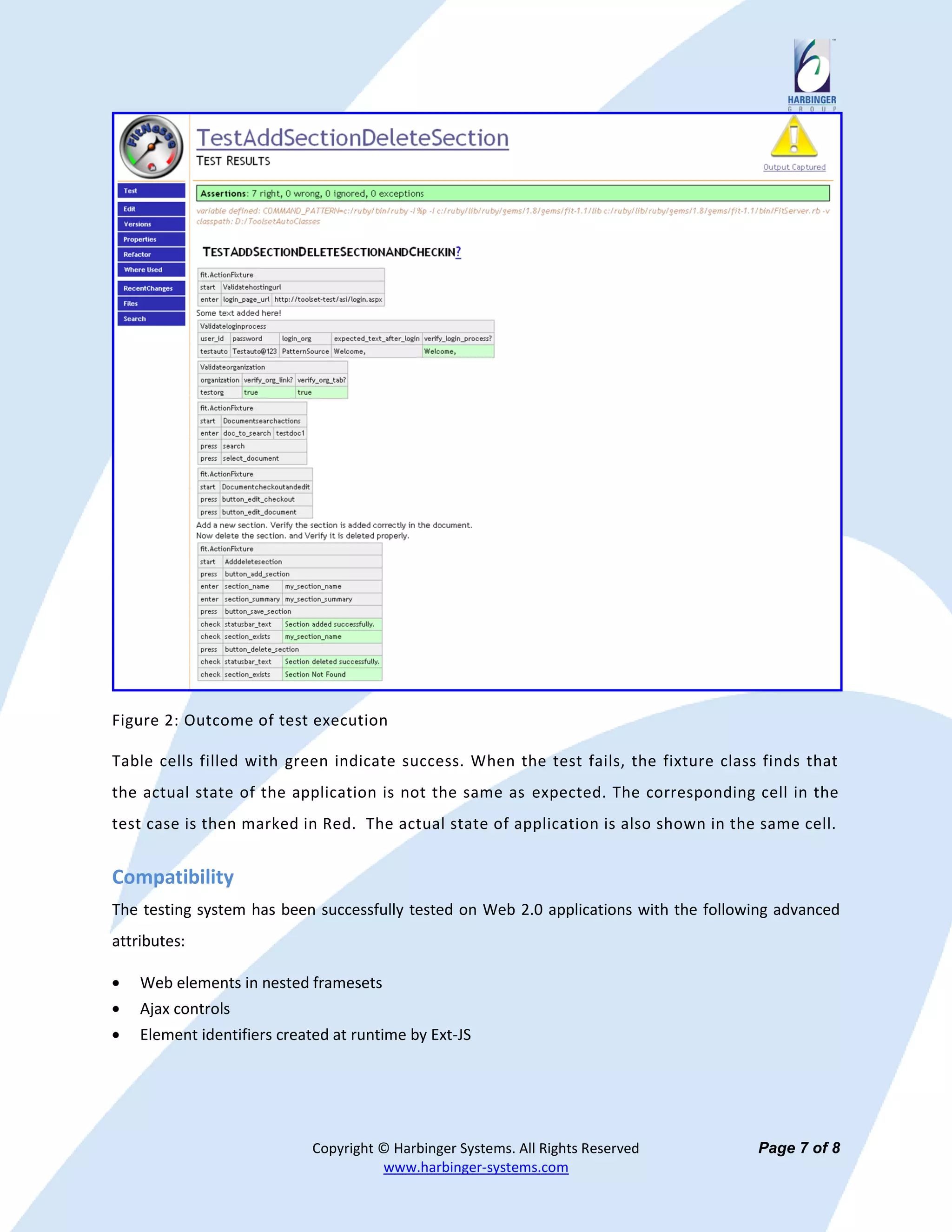 Figure 2: Outcome of test execution

Table cells filled with green indicate success. When the test fails, the fixture class finds that
the actual state of the application is not the same as expected. The corresponding cell in the
test case is then marked in Red. The actual state of application is also shown in the same cell.


Compatibility
The testing system has been successfully tested on Web 2.0 applications with the following advanced
attributes:

    Web elements in nested framesets
    Ajax controls
    Element identifiers created at runtime by Ext-JS




                            Copyright © Harbinger Systems. All Rights Reserved         Page 7 of 8
                                      www.harbinger-systems.com
 