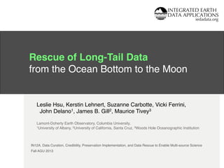 Rescue of Long-Tail Data  
from the Ocean Bottom to the Moon!
!

Leslie Hsu, Kerstin Lehnert, Suzanne Carbotte, Vicki Ferrini,!
1
2
3!
! John Delano , James B. Gill , Maurice Tivey
!
Lamont-Doherty Earth Observatory, Columbia University,!
! 1University of Albany, 2University of California, Santa Cruz, 3Woods Hole Oceanographic Institution!
!

!

IN12A. Data Curation, Credibility, Preservation Implementation, and Data Rescue to Enable Multi-source Science!
Fall AGU 2013!

IEDA

iedadata.org

 