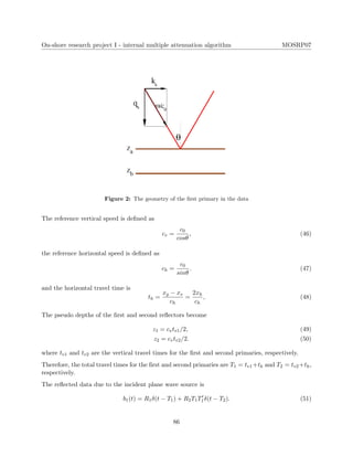 On-shore research project I - internal multiple attenuation algorithm MOSRP07
Figure 2: The geometry of the ﬁrst primary in the data
The reference vertical speed is deﬁned as
cv =
c0
cosθ
, (46)
the reference horizontal speed is deﬁned as
ch =
c0
sinθ
. (47)
and the horizontal travel time is
th =
xg − xs
ch
=
2xh
ch
, (48)
The pseudo depths of the ﬁrst and second reﬂectors become
z1 = cvtv1/2, (49)
z2 = cvtv2/2. (50)
where tv1 and tv2 are the vertical travel times for the ﬁrst and second primaries, respectively.
Therefore, the total travel times for the ﬁrst and second primaries are T1 = tv1+th and T2 = tv2+th,
respectively.
The reﬂected data due to the incident plane wave source is
b1(t) = R1δ(t − T1) + R2T1T1δ(t − T2). (51)
86
 