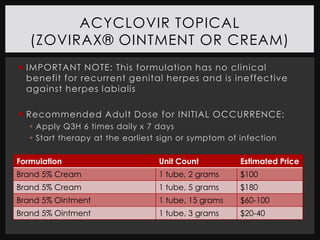 ACYCLOVIR TOPICAL
   (ZOVIRAX® OINTMENT OR CREAM)
 IMPORTANT NOTE: This formulation has no clinical
  benefit for recurrent genital herpes and is ineffective
  against herpes labialis

 Recommended Adult Dose for INITIAL OCCURRENCE:
    Apply Q3H 6 times daily x 7 days
    Start therapy at the earliest sign or symptom of infection

Formulation                       Unit Count          Estimated Price
Brand 5% Cream                    1 tube, 2 grams     $100
Brand 5% Cream                    1 tube, 5 grams     $180
Brand 5% Ointment                 1 tube, 15 grams    $60-100
Brand 5% Ointment                 1 tube, 3 grams     $20-40
 